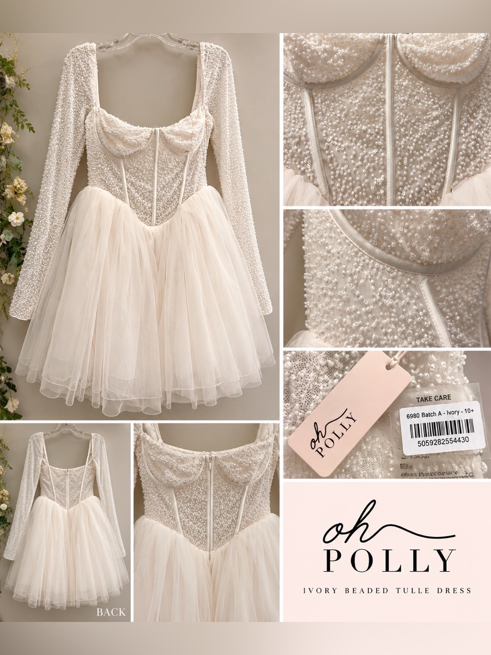 Oh Polly Ivory Beaded Tulle Corset Mini Dress Size Medium NWT